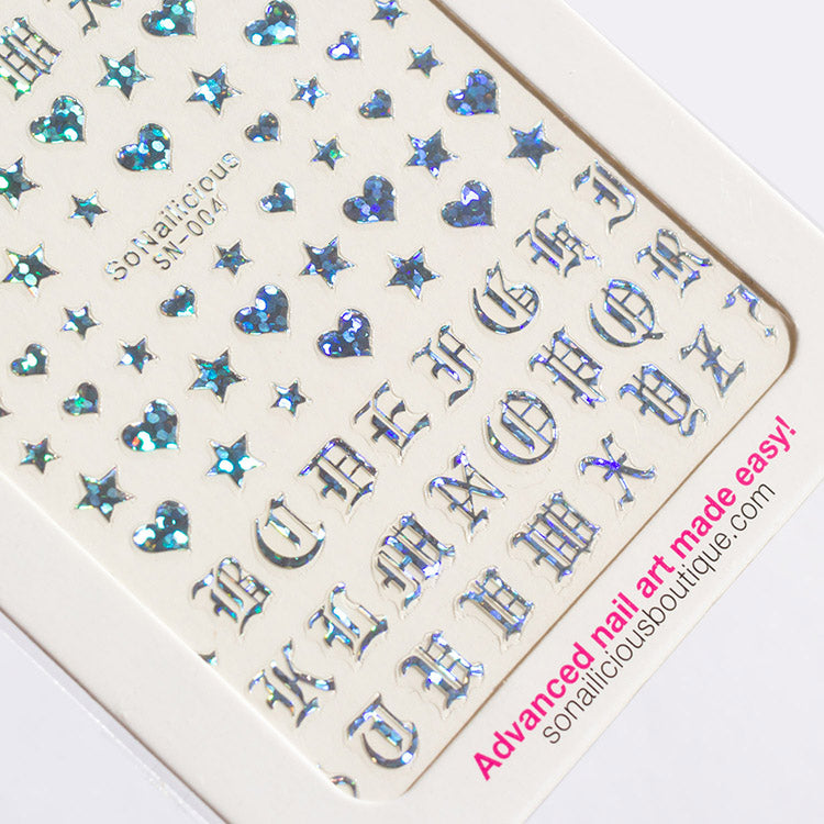 Holographic stars, hearts and letters nail stickers