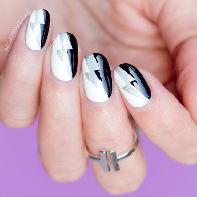 Thunderbolt black and white nails