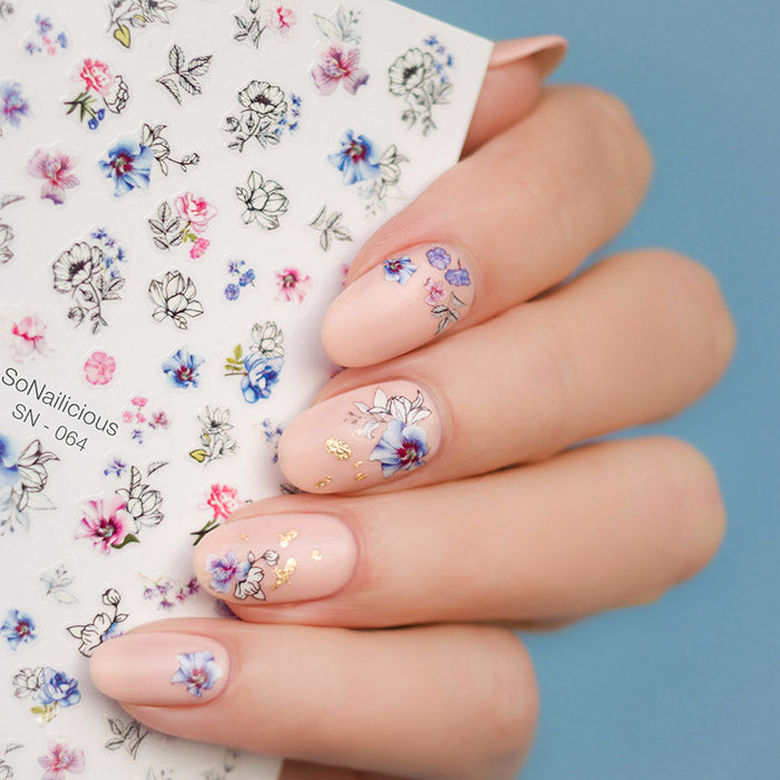 nude nails with Watercolour Flower nail stickers