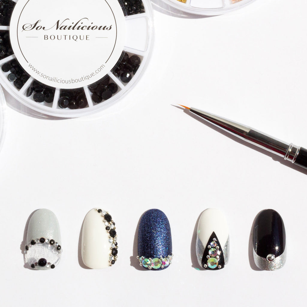 nail designs with black rhinestones