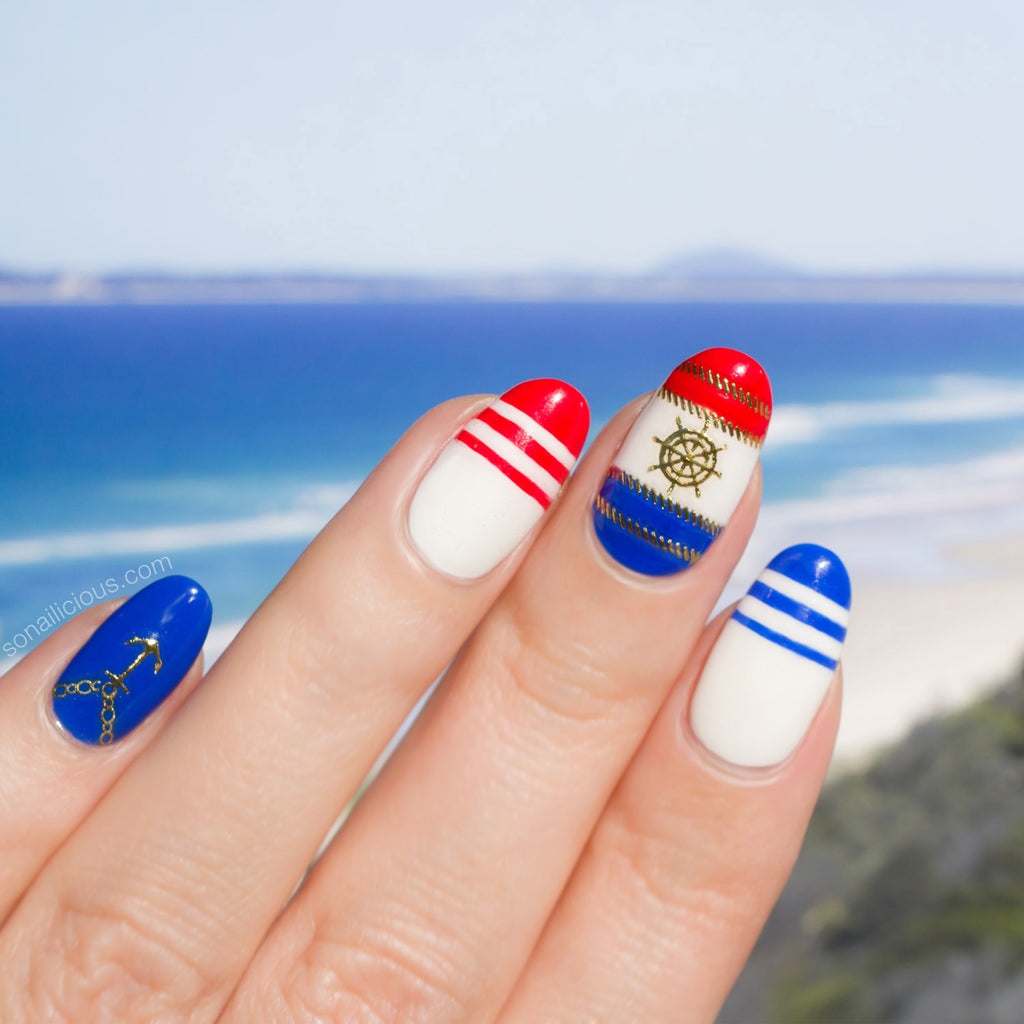 Nautical nail art with Beach Vacation nail stickers
