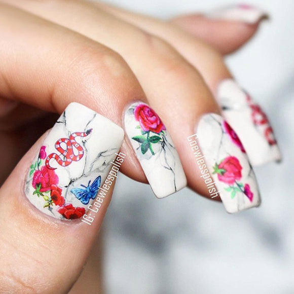 Garden of Eden red roses and snakes nail stickers