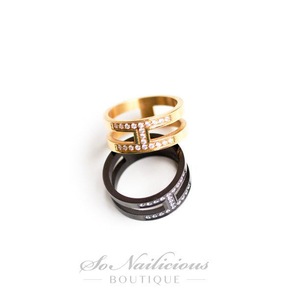Gold Double Ring With Diamantes