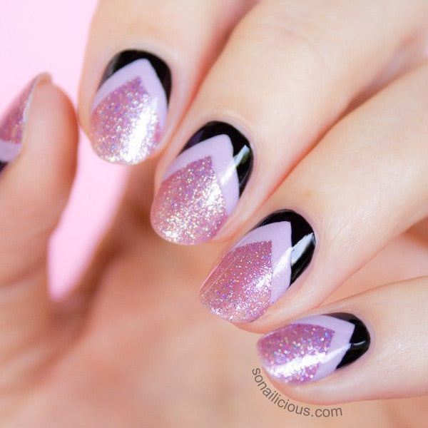Pink and black chevron nails