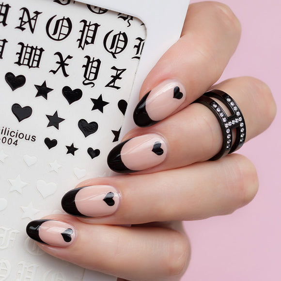 Stars, Hearts & Letters Black and White SoNailicious Nail Stickers 