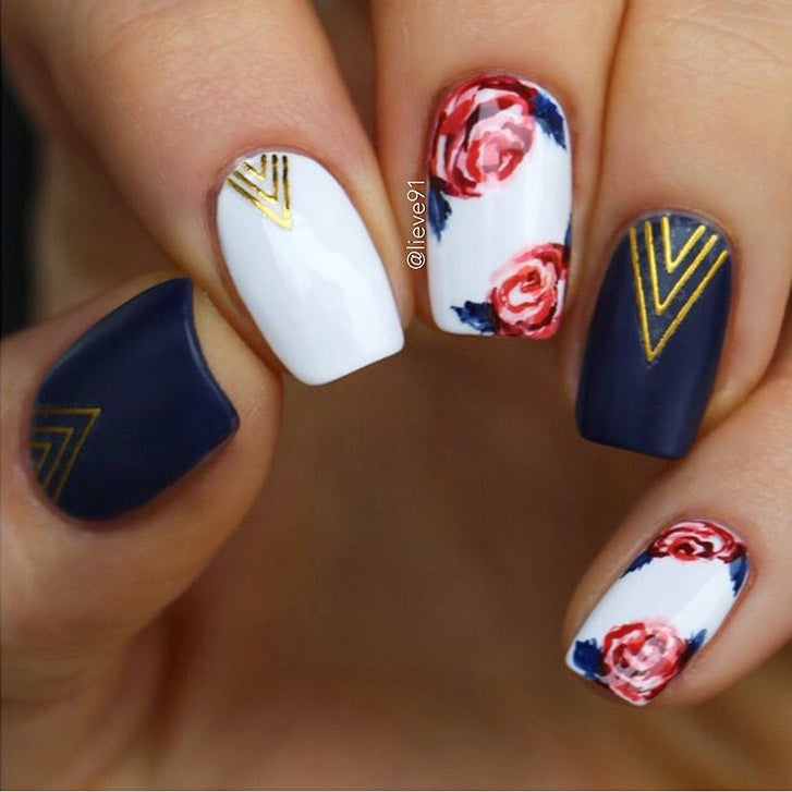 Floral nails with Chevron nail stickers