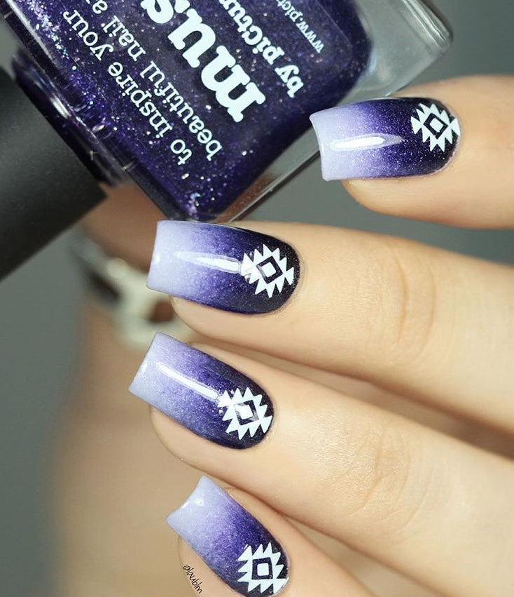 Purple nail design with white Geo Aztec nail stickers