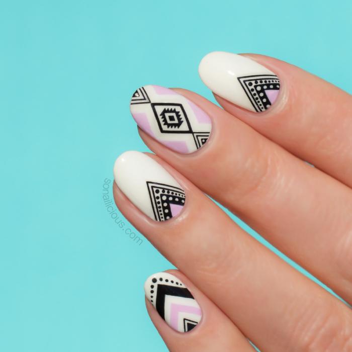 White aztec nails with Aztec nail stickers