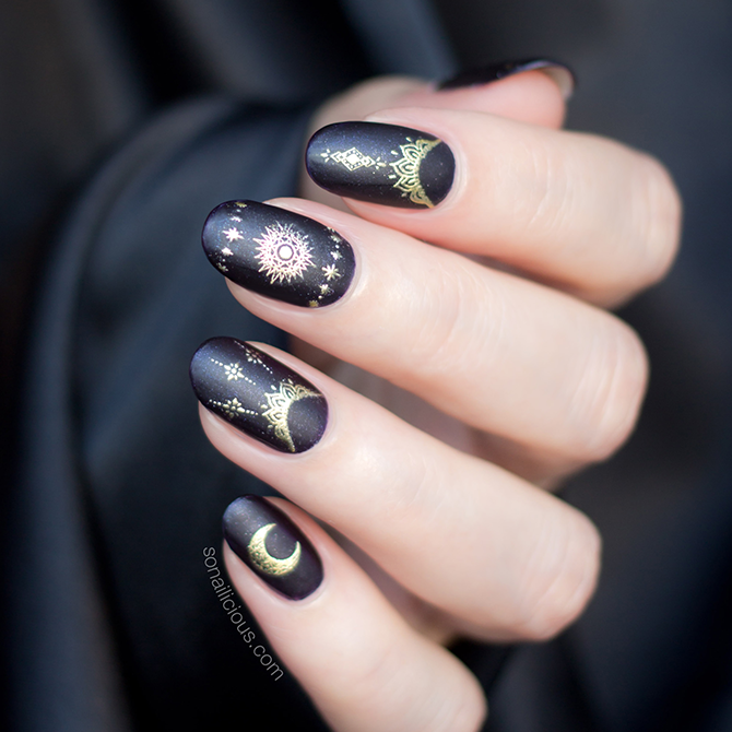 black and gold nails with Celestial nail stickers