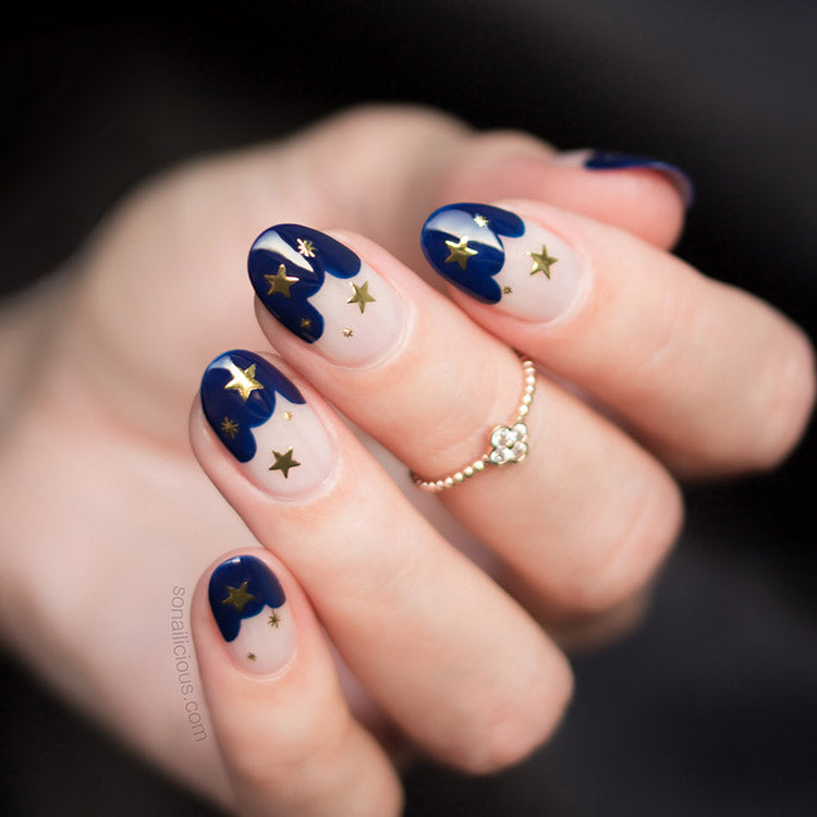 Blue and gold star nails with SoNailicious stickers