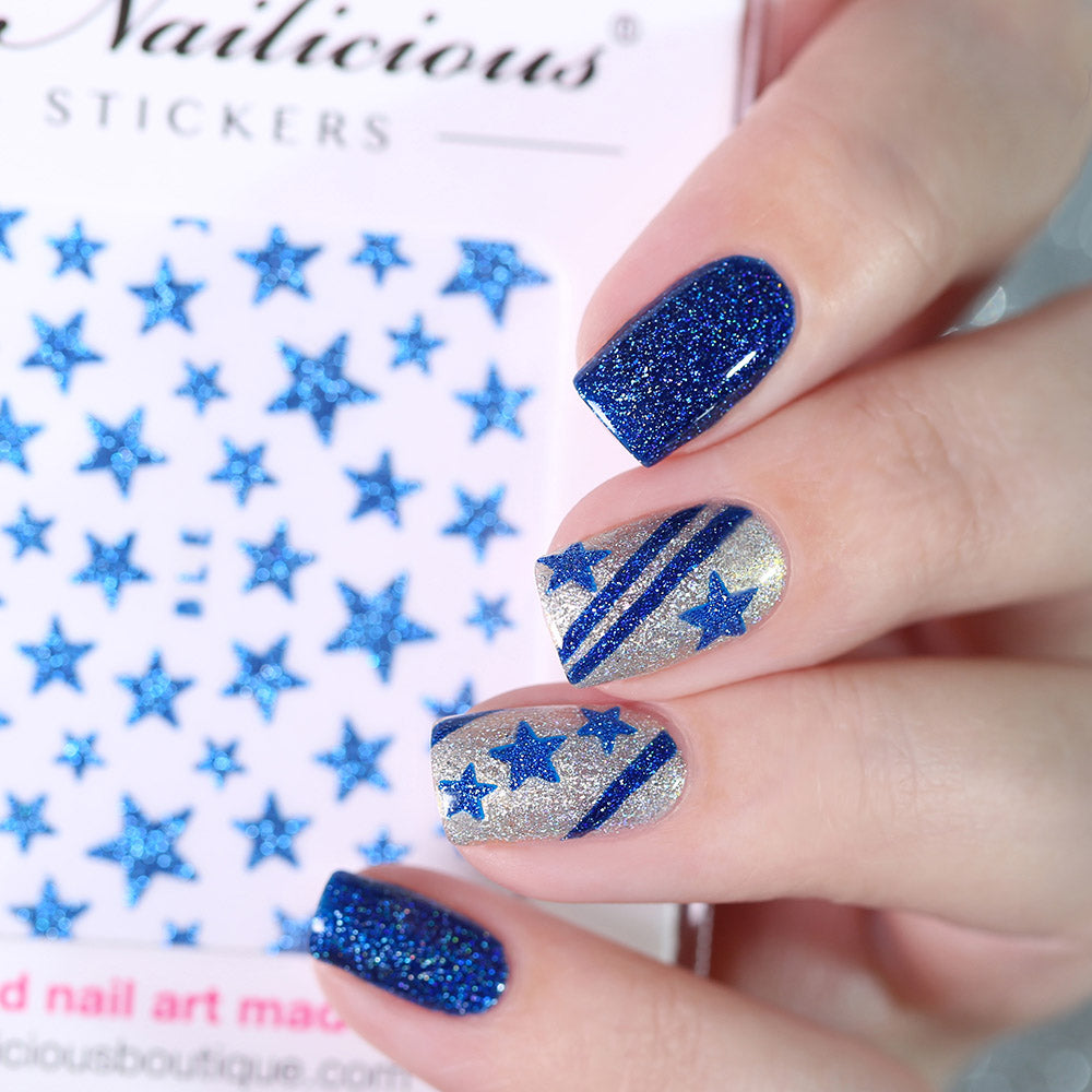 blue star nails with star stickers