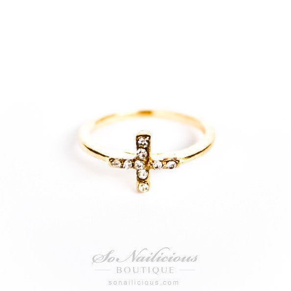 Delicate Gold Cross Ring With Crystlas