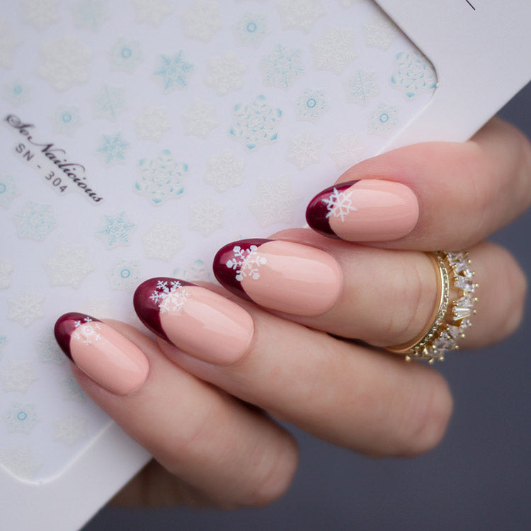 Festive French nails with Snowflake nail stickers