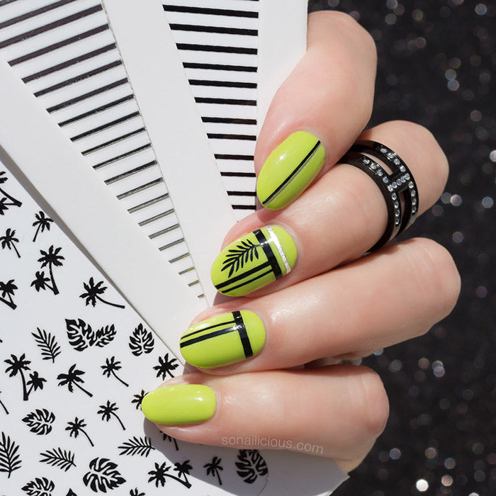 green and black palm leaf nails with SoNailicious Stickers