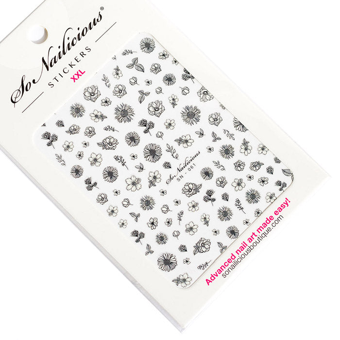 monochrome ink floral nail stickers