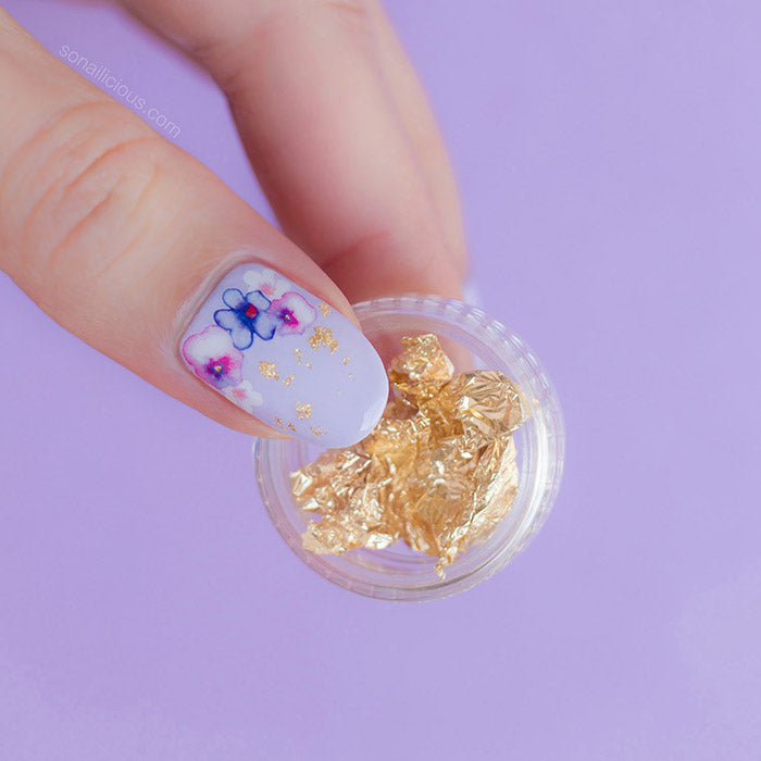 pansy nails with gold foil 