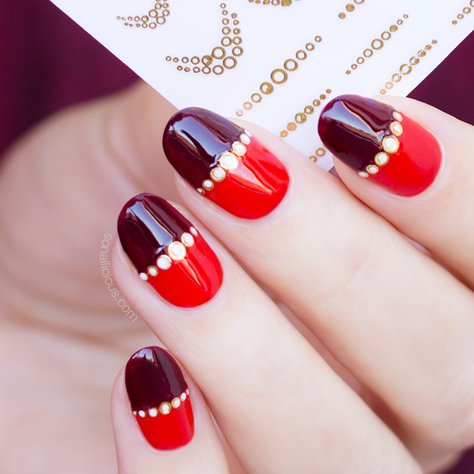 Red & gold nails with Droplets nail stickers