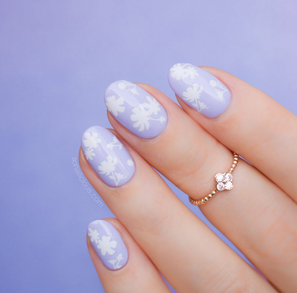 Purple nails with White Floral nail stickers