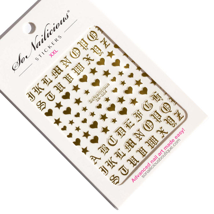 Stars, Hearts & Letters Gold SoNailicious Nail Stickers 