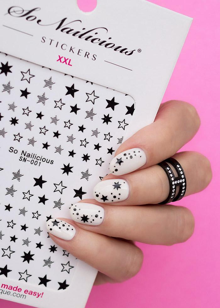 black and white star nails with SoNailicious Star stickers
